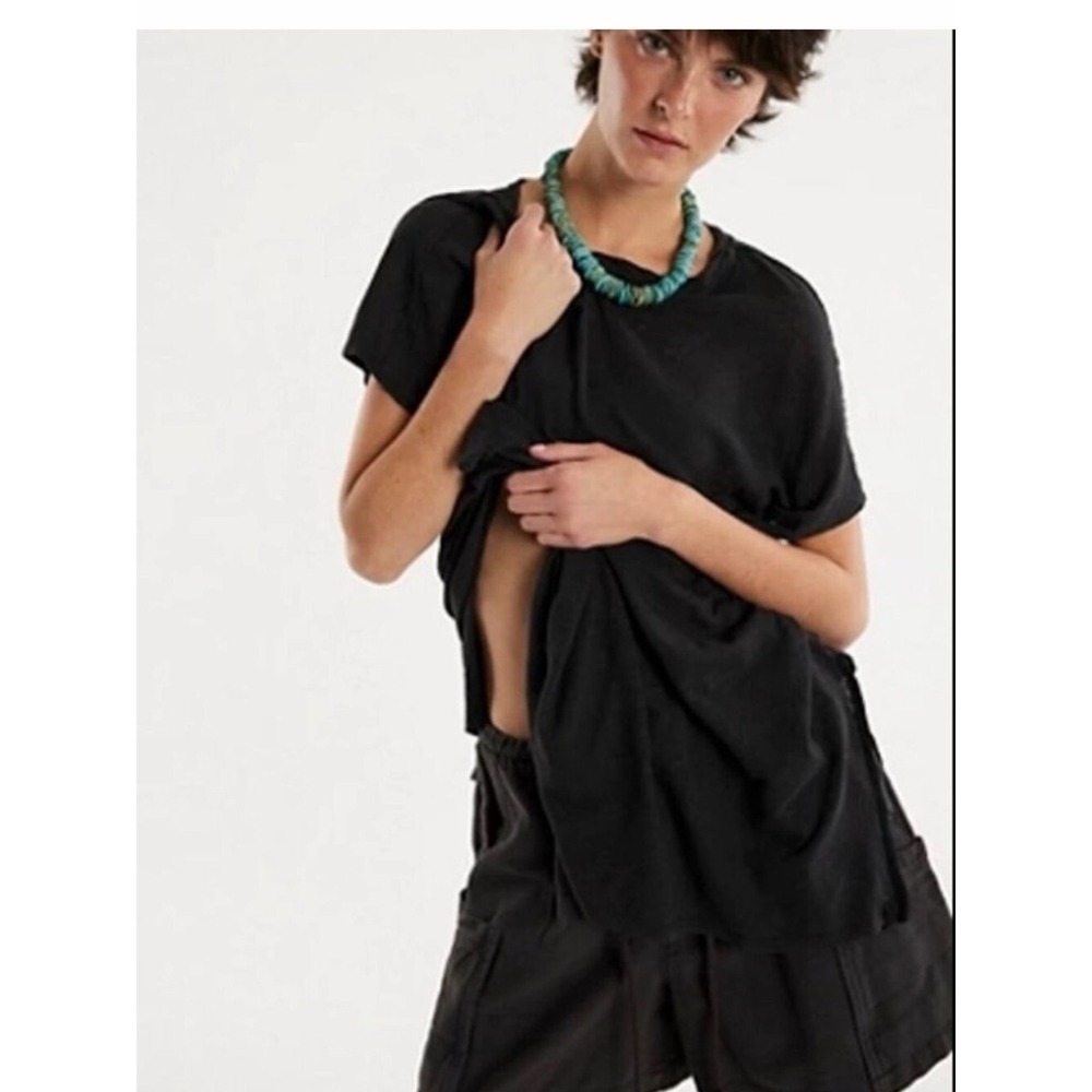 Free People We The Free Crystalle Tee Black Linen Blend Oversized Tunic L - Picture 1 of 16